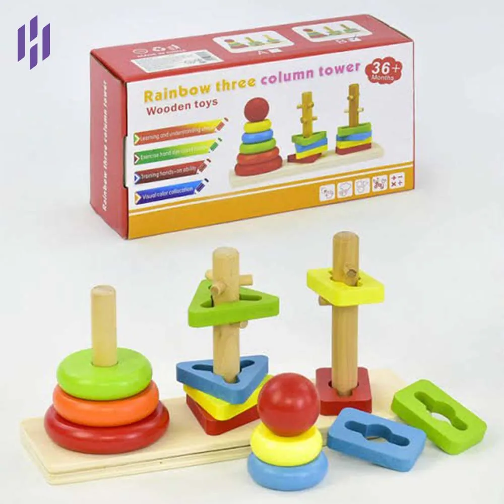TFLW-0049x Rainbow Three Column Tower – Wooden Educational Toy - Image 1